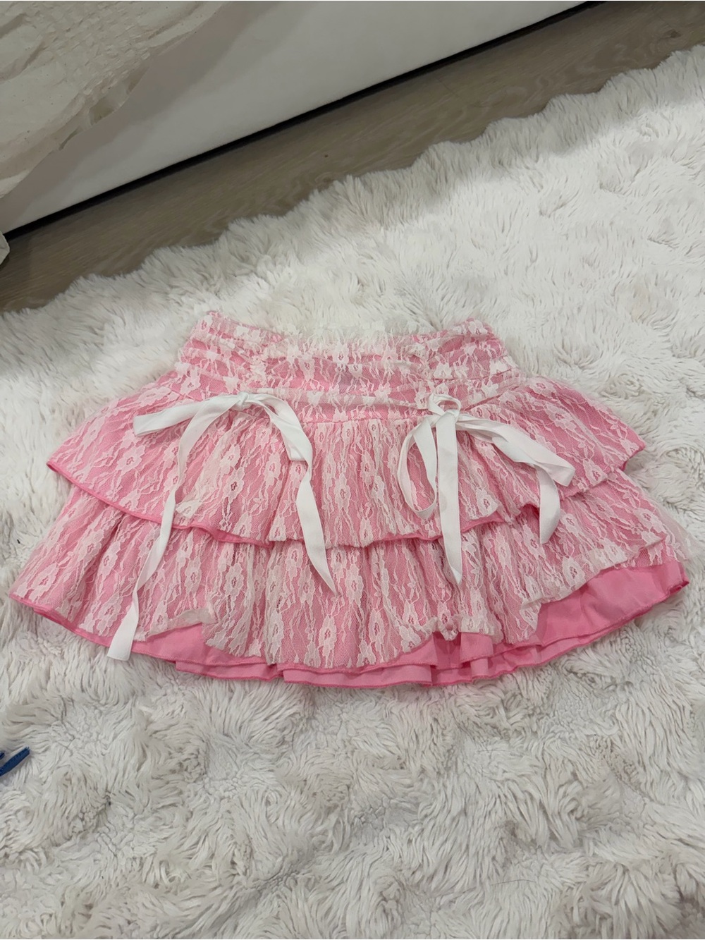 SHEIN Pink Tiered Lace Mini Skirt with White Ribbon Bows